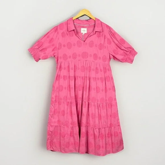 Umgee Midi Dress Womens XL Rose Swiss Dot Tiered Puff Sleeve Boho Cottage Garden - Picture 1 of 12